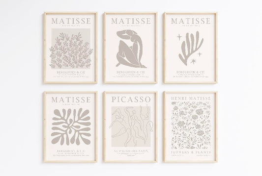 Set of Six Neutral Gallery Wall Prints Featuring Matisse and Picasso