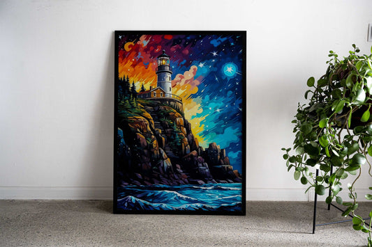 starry night lighthouse Asian Style Poster | Wall Art for Home & Office | High-Quality Print - High-Quality Visual Display