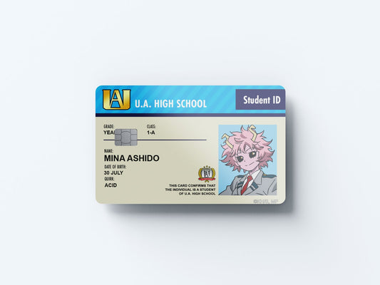 Watercolor student id mina ashido design | credit card sticker | small chip | credit card skin for nursery and home wall decor.