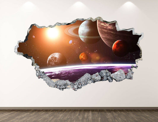 Space Wall Decal - Galaxy Planets 3D Smashed Wall Art Sticker Kids Decor Vinyl - Wonderwallsboutique