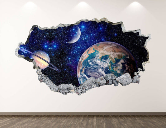 Space Wall Decal - Earth Planet 3D Smashed Wall Art Sticker Kids Room Decor - Wonderwallsboutique
