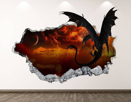 Dragon Wall Decal - Space Fire Fantasy 3D Smashed Wall Art Sticker Kids Decor - Wonderwallsboutique