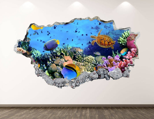 Aquarium Ocean Wall Decal - Sea Animals 3D Smashed Wall Art Sticker Kids Room - Wonderwallsboutique