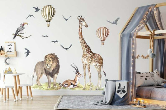 Big Animal Watercolor Wall Decal Set for kids, removable cute safari animals