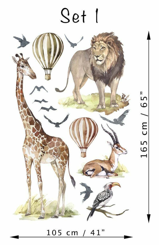 Big Animal Watercolor Wall Decal Set for kids, removable cute safari animals